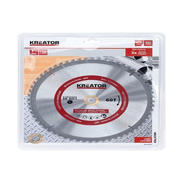 Kreator KRT020505 - Lama per sega circolare per metallo e legno, ø 254 x 30 x 3 mm, 60 denti e anelli di riduzione