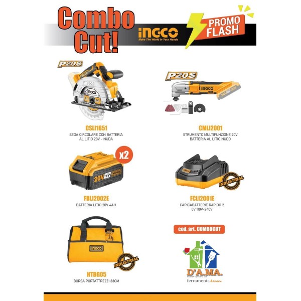 COMBOCUT INGCO SEGA CIRCOLARE + STRUMENTO MULTIFUNZIONE + 2 BATTERIE + CARICATORE + BORSA