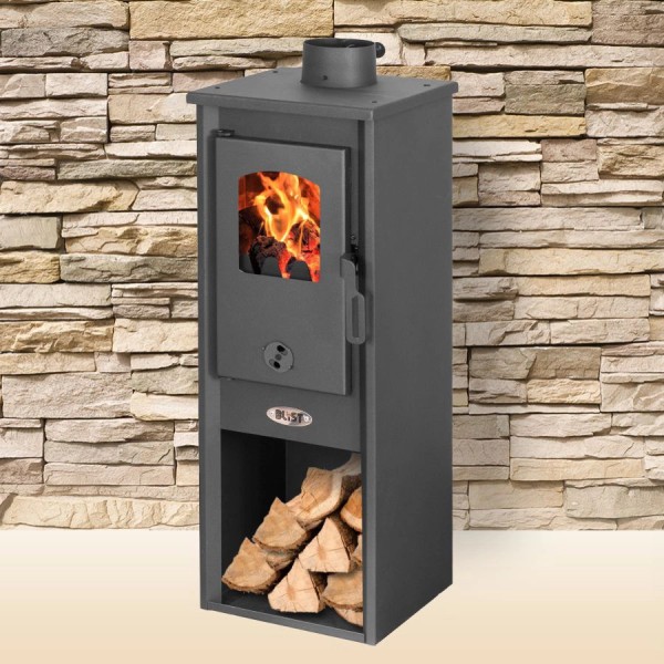 Stufa A Legna Berna 5,3/7,00 kW In Acciaio Blist Lux S Antracite Con Portalegna cm 33x34x94h