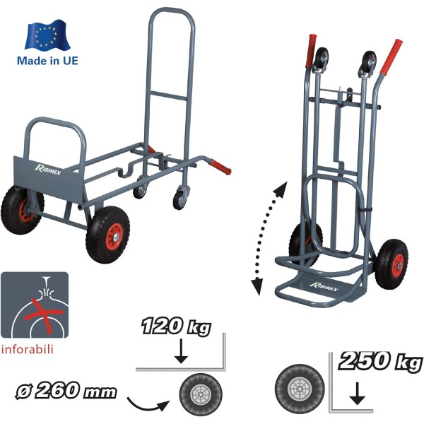 RIBIMEX PRCD2P Carrello professionale 2 posizioni, fisso e ribaltabile, 4 ruote, Portata 250 kg