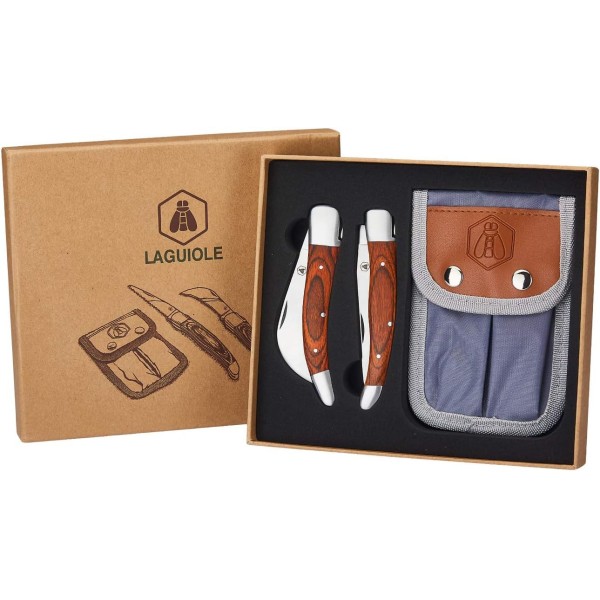Set di 2 coltelli Pieghevoli con Custodia - Ideale per Il Giardinaggio - Maniglie in Legno Pakka