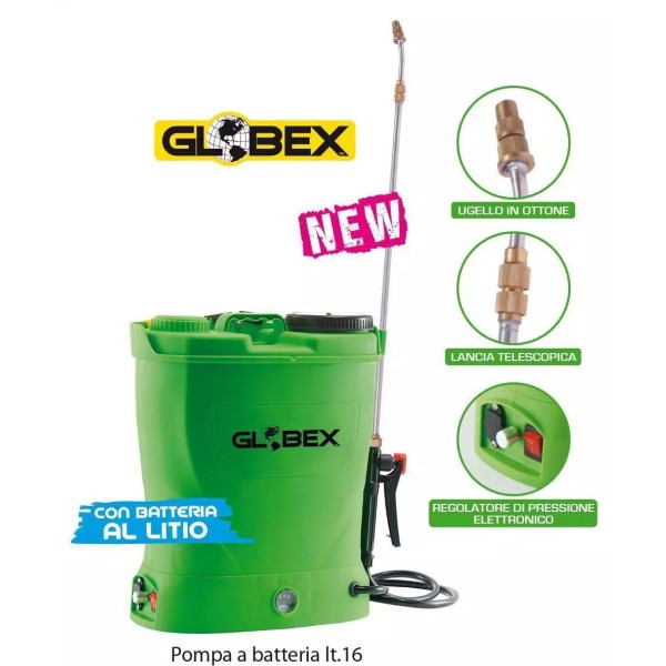 POMPA SPALLA A BATTERIA ELETTRICA IRRORATRICE PRESSIONE LT 16 BATTERIA LITIO GLOBEX