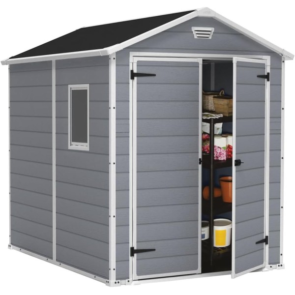 Casetta da Giardino Porta Attrezzi 185,8x236,8x227 cm in Resina Effetto Legno Keter Manor 6x8 Grigia